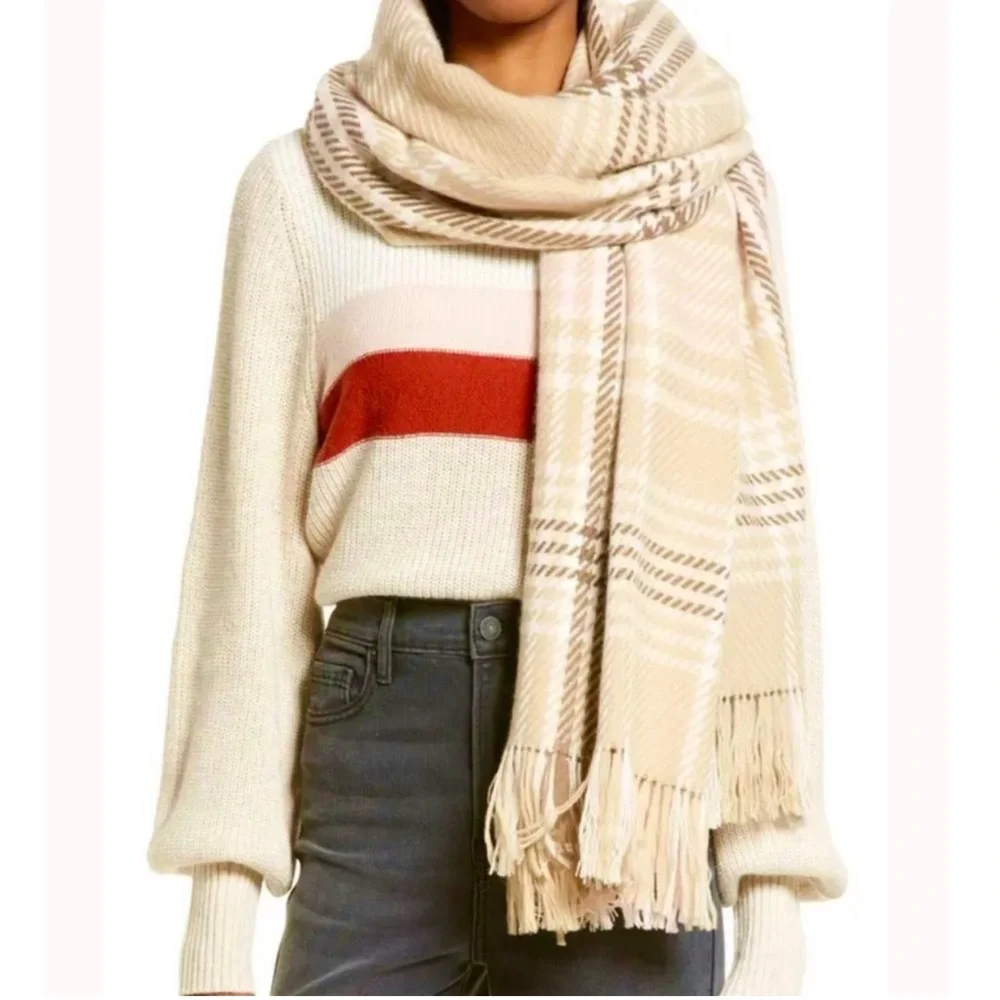 NORDSTROM 100% Cashmere NEW Plaid Wrap Oversized Scarf In Tan Combo NEW